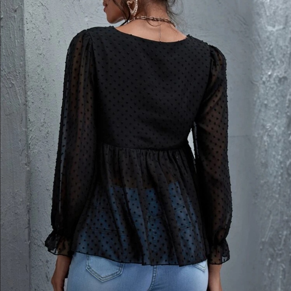 Black Swiss dot floral embroidered mesh blouse - Picture 8 of 9